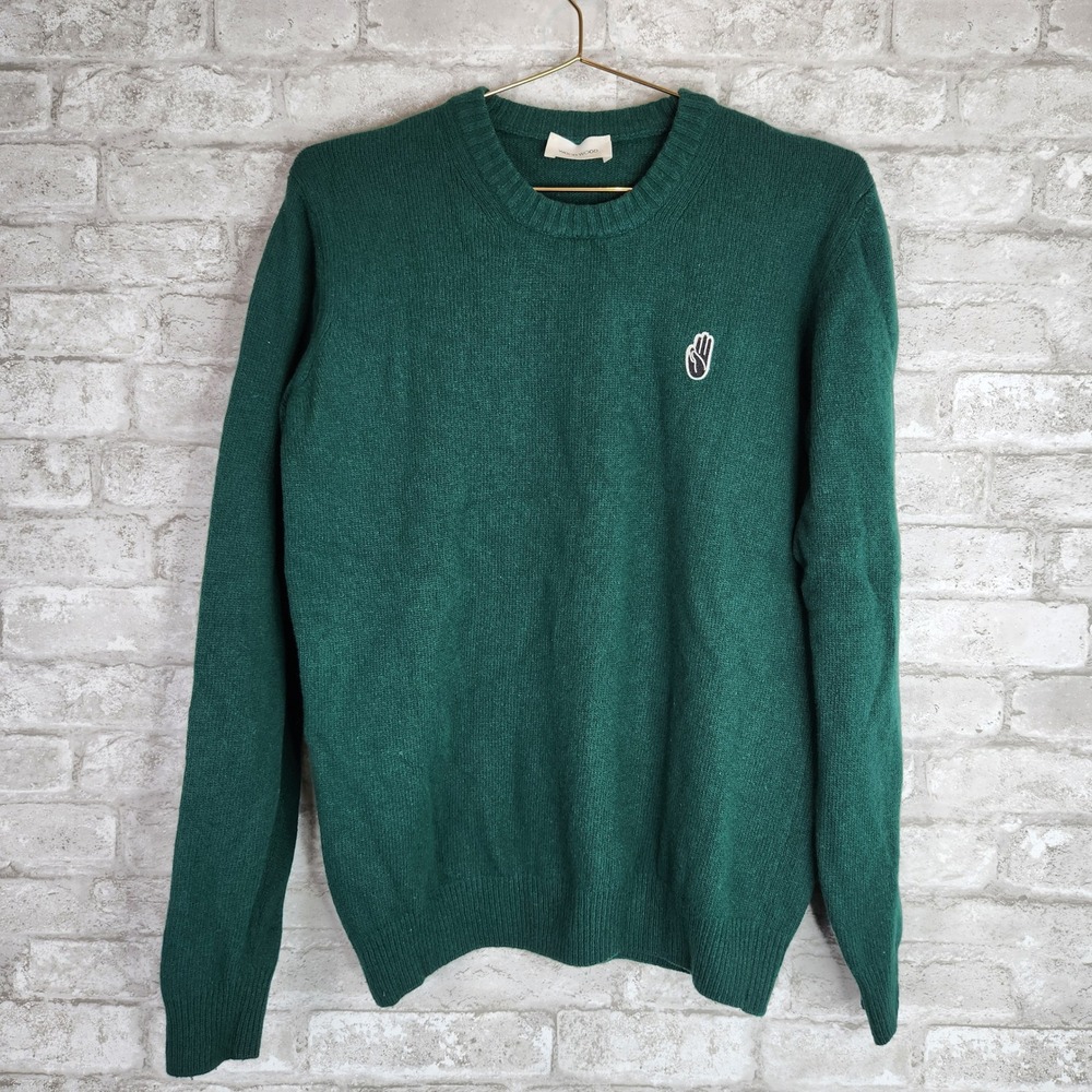 Wood Wood Yale Sweater Green Lambswool Blend Knit Logo Small